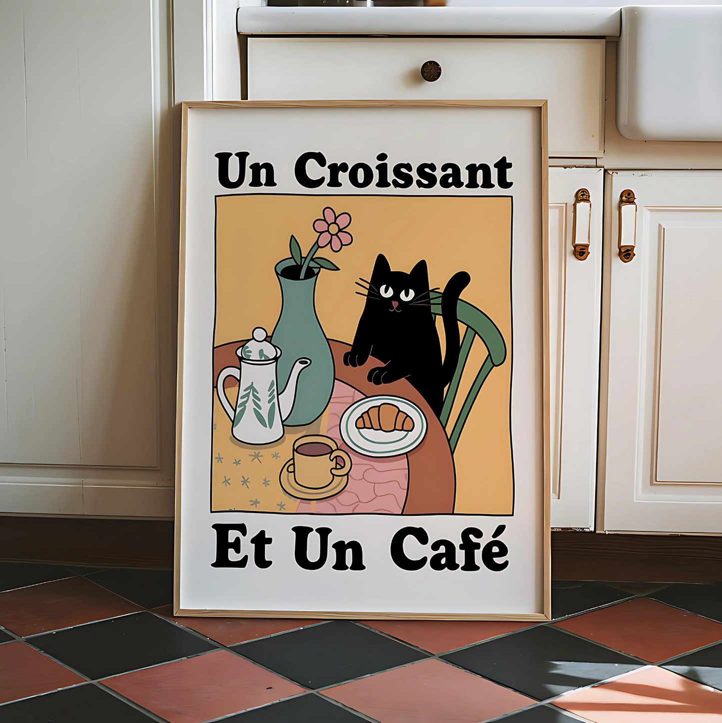 Cuadro Decorativo Gato Negro Un Croissant Et Un Café