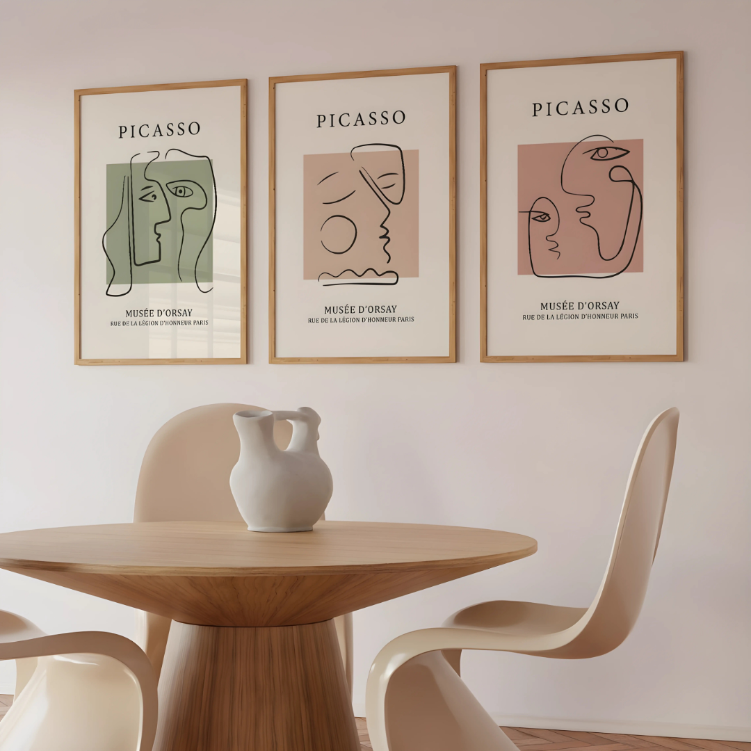 Set x3 Cuadros Decorativos Abstractos Picasso Caras En Fondo Rosa Y Verde