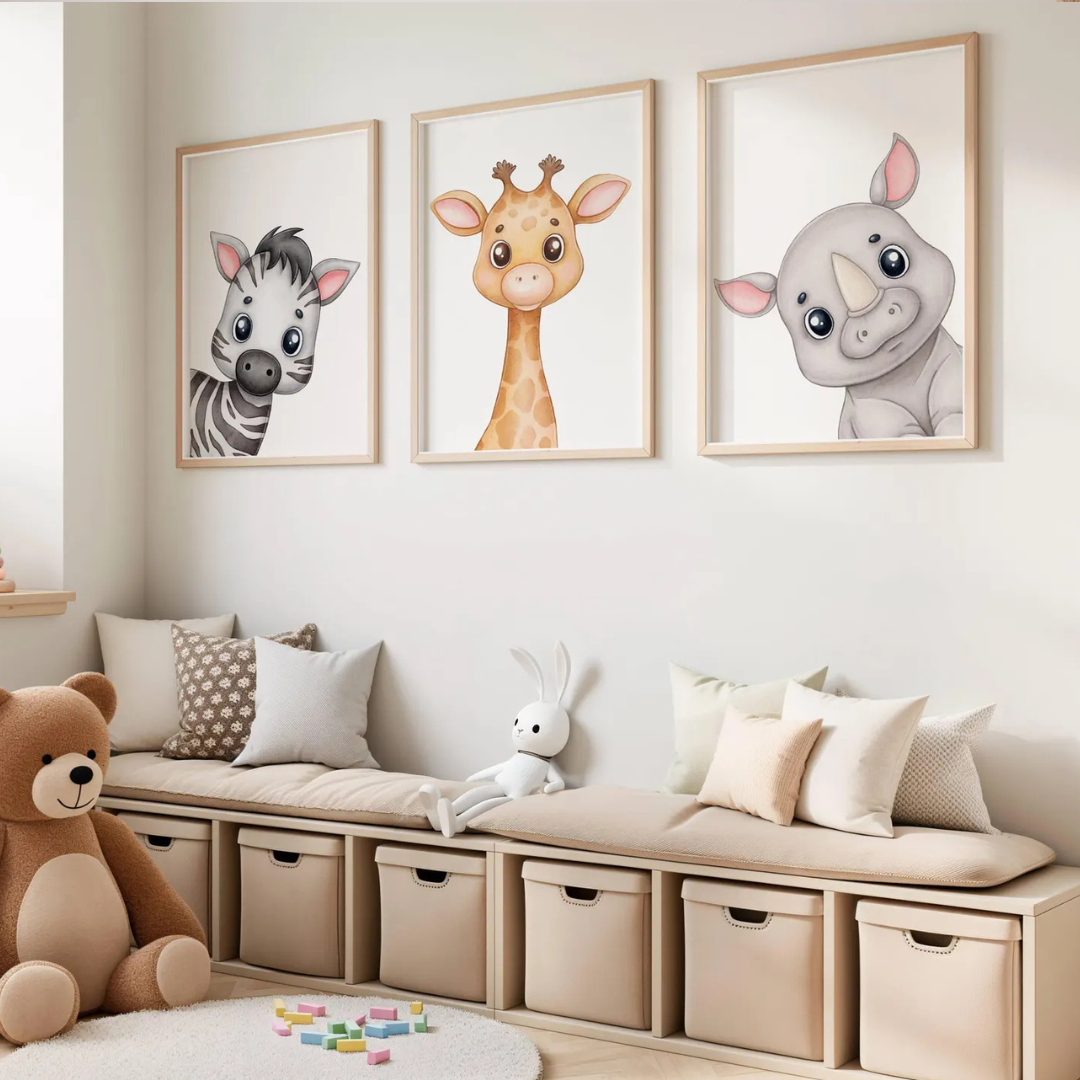 Set x3 Cuadros Decorativos cebra, jirafa y rinoceronte