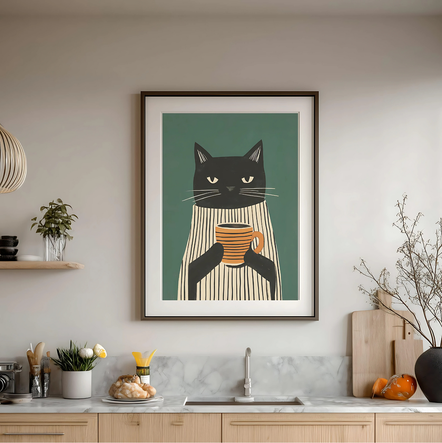 Cuadro Decorativo Gato Negro Vestido Tomando Café