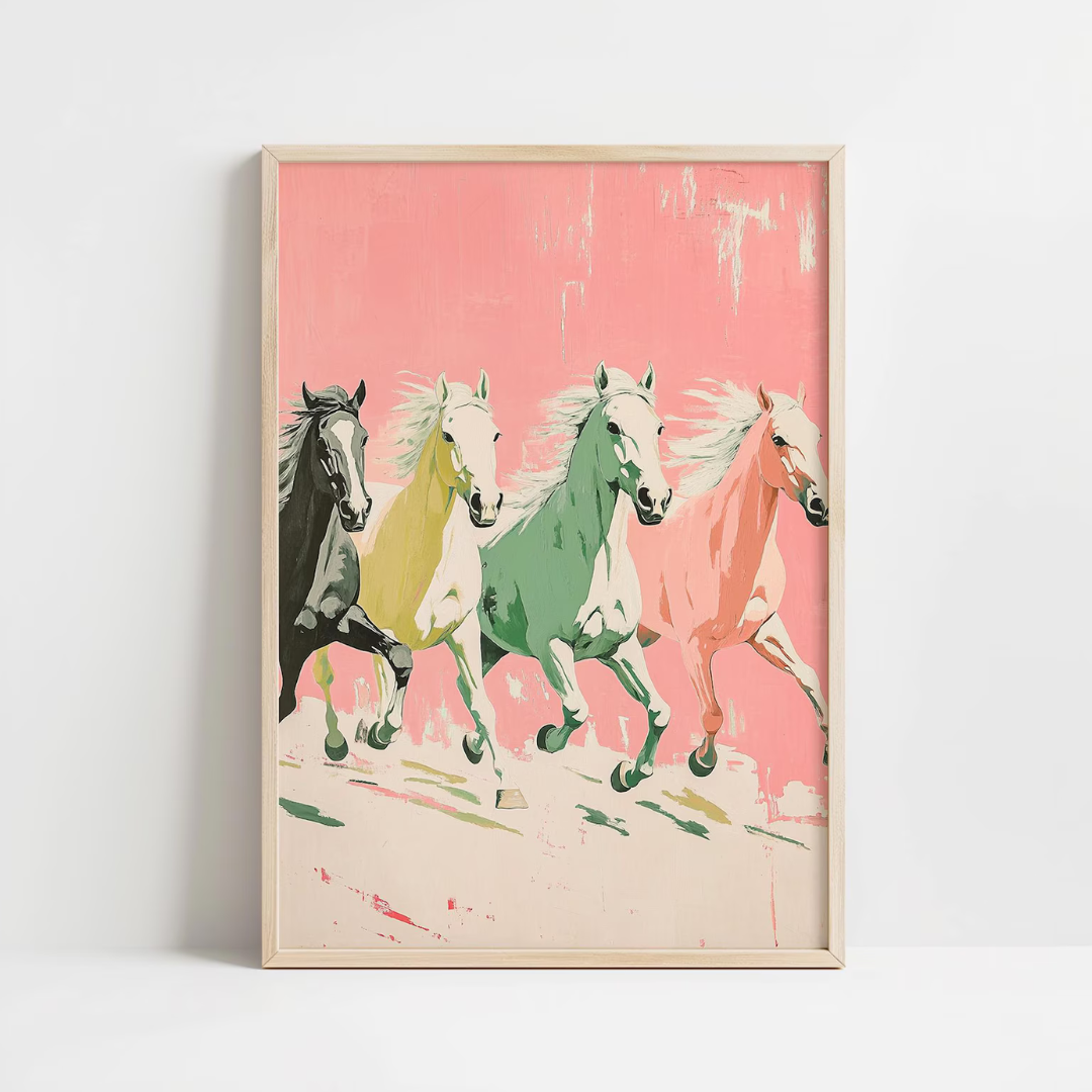 Cuadro Decorativo Póster de arte de pared de caballos retro vibrantes