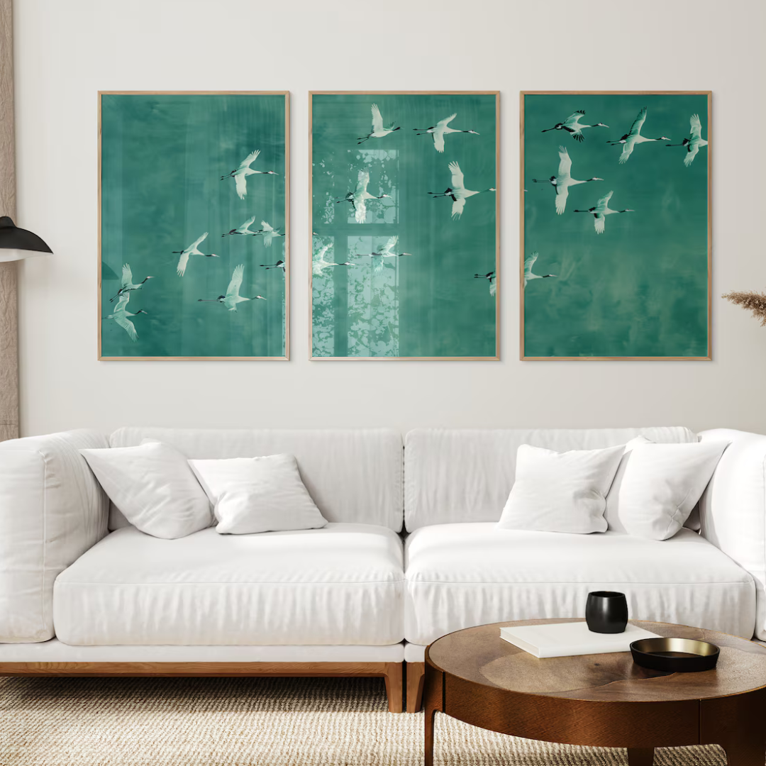 Set x3 Cuadros Decorativos, Japandi Sage Green Art of Birds Flying Peaceful