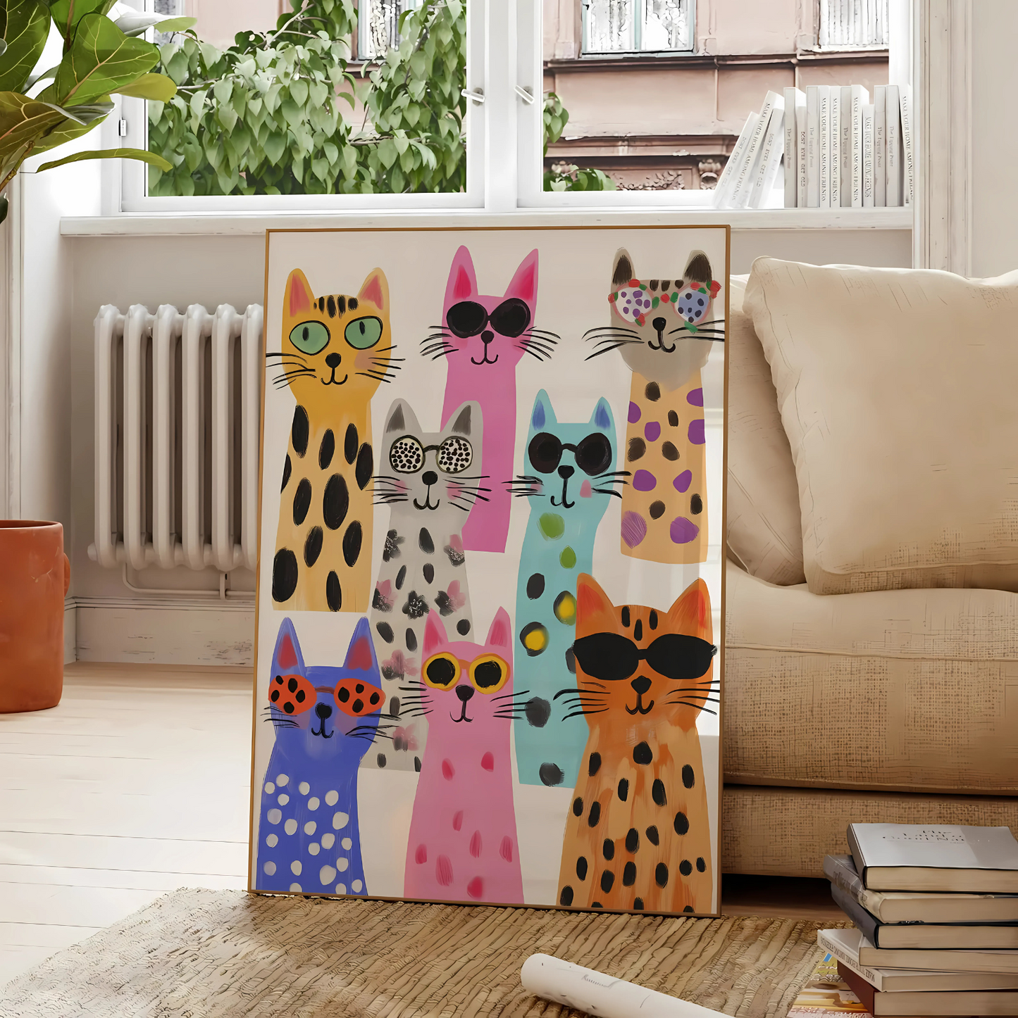 Cuadro Decorativo Gatos De Colores Fondo Blanco