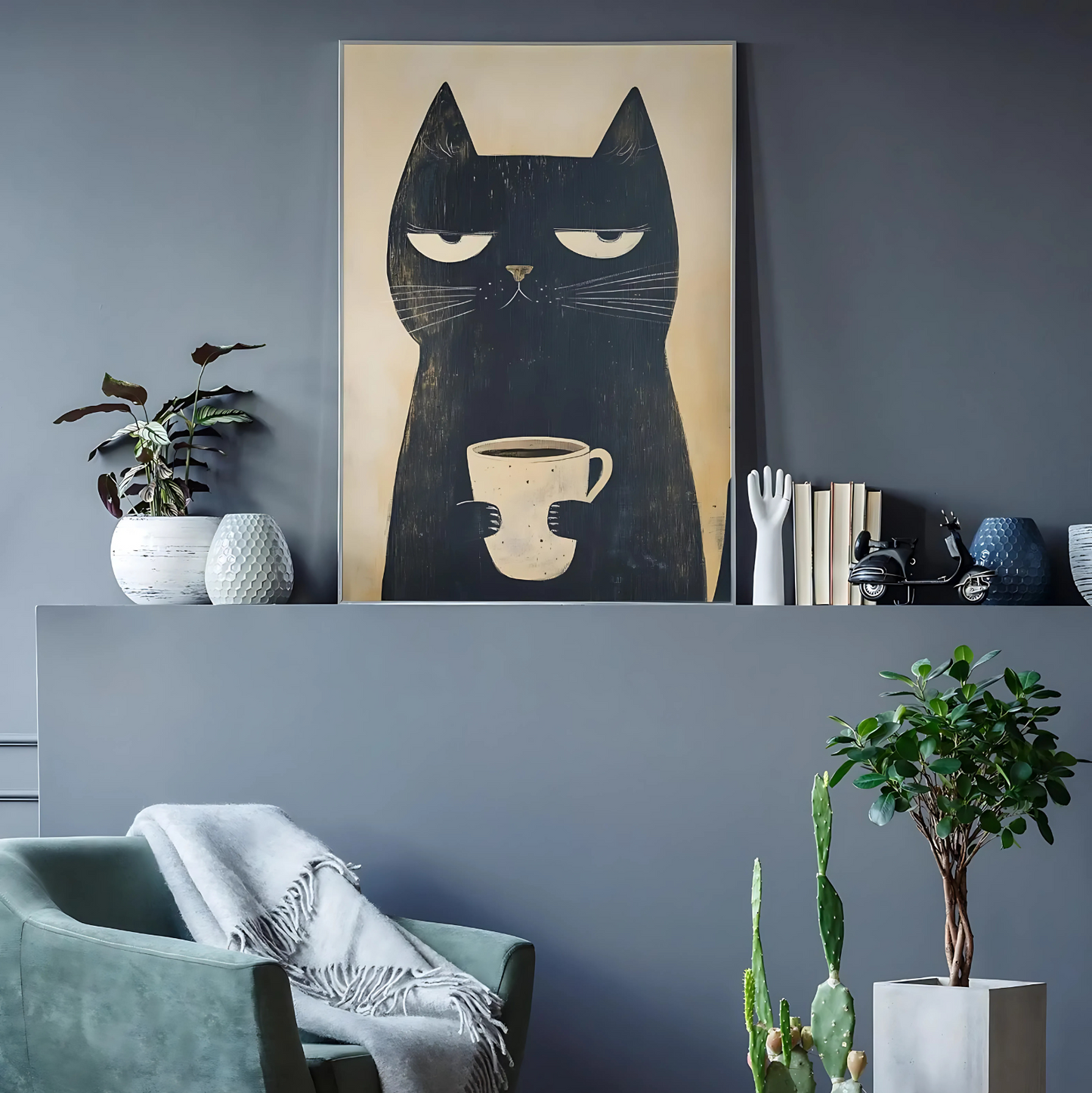 Cuadro Decorativo Gato Enojado Tomando Café