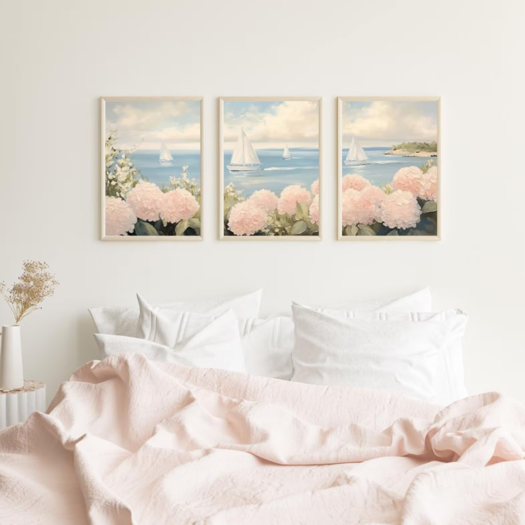 Set x3 Cuadros Decorativos hortensias rosas y veleros