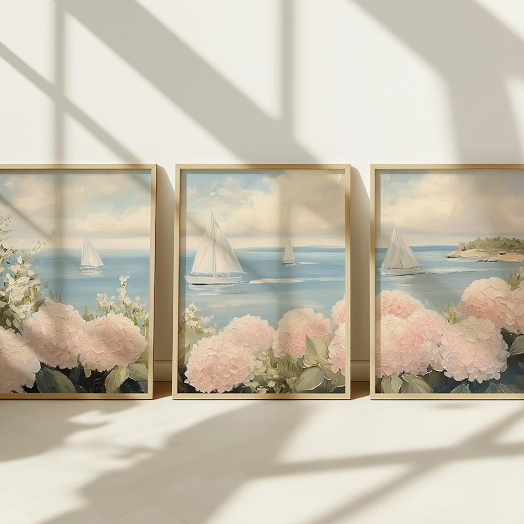 Set x3 Cuadros Decorativos hortensias rosas y veleros