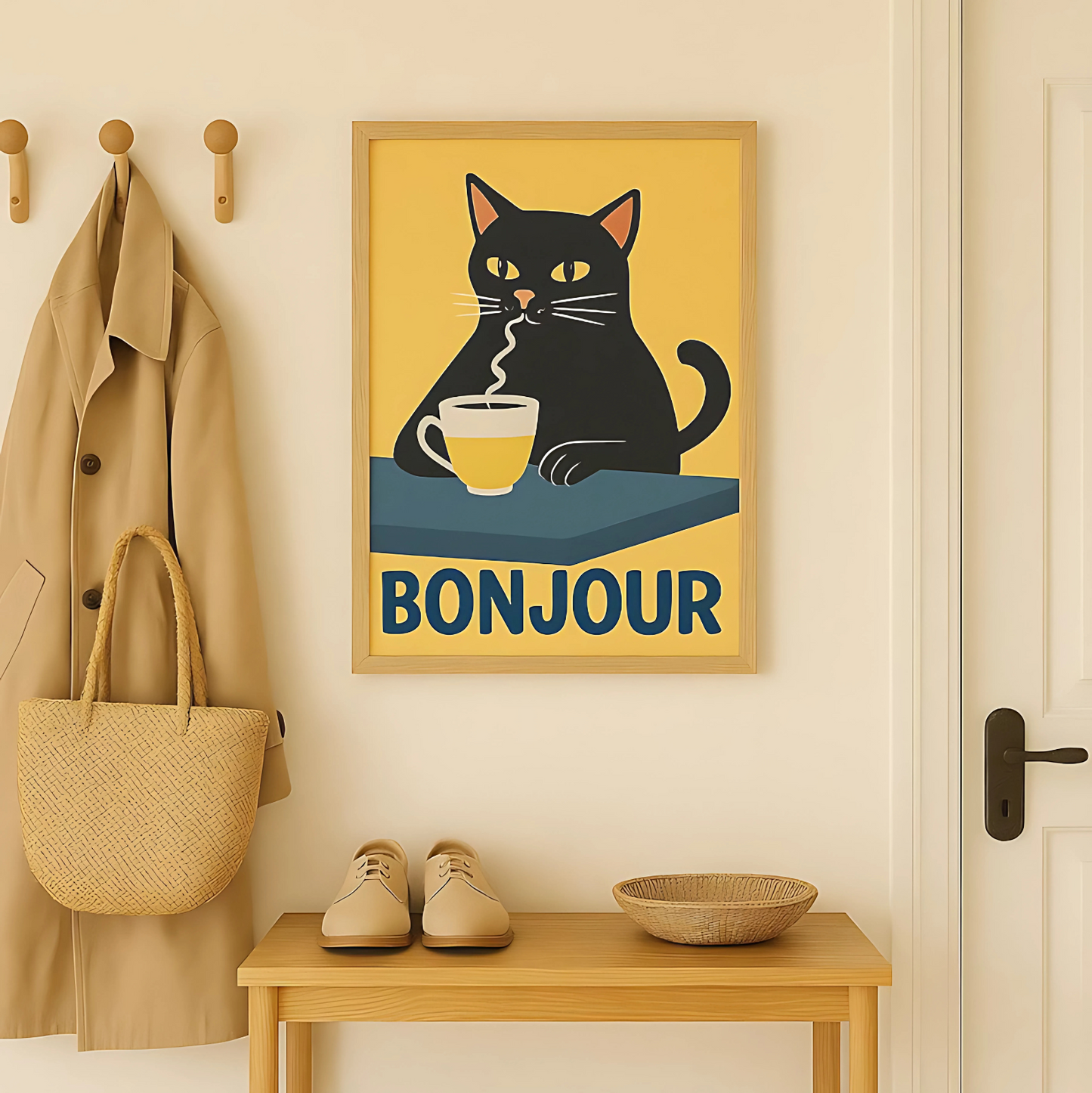Cuadro Decorativo Gato Oliendo Cafe Bonjour