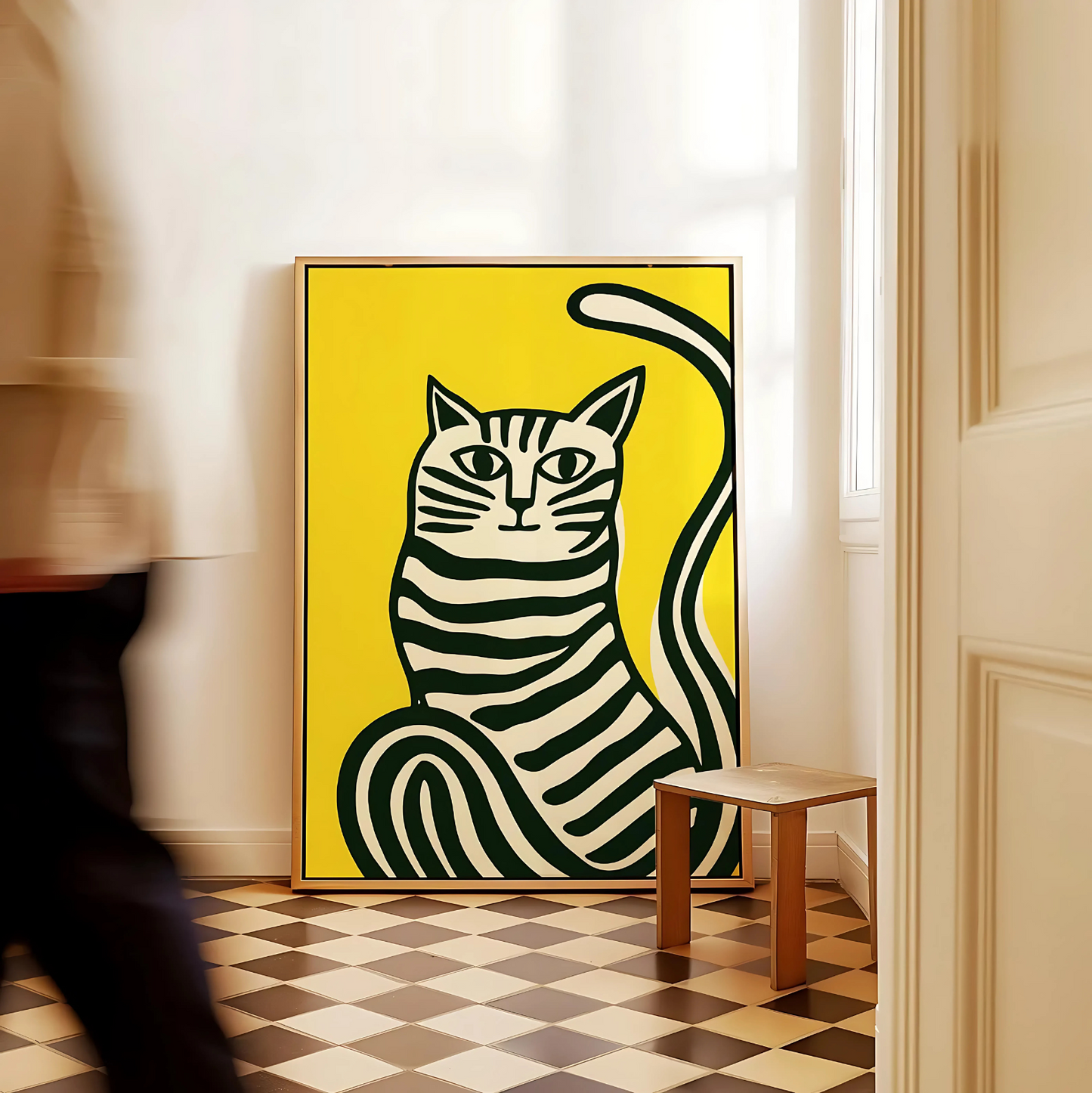 Cuadro Decorativo Gato Rayado Fondo Amarillo