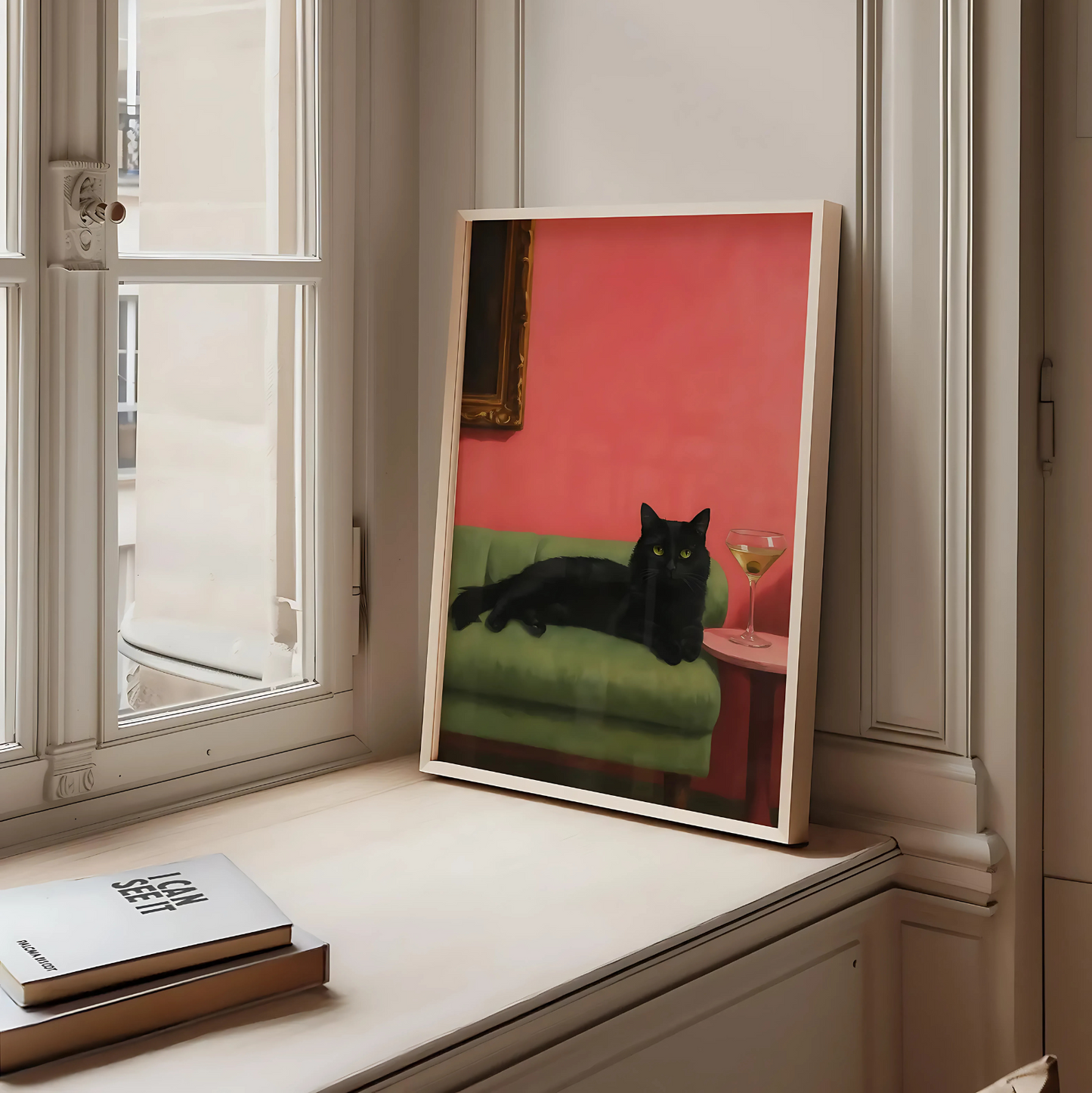 Cuadro Decorativo Gato Negro Recostado Sillón Verde Fondo Rosa