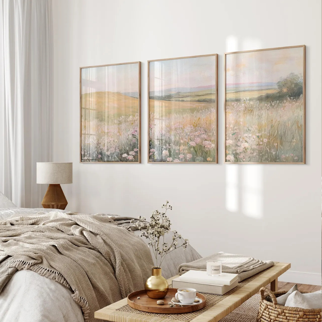 Set x3 Cuadros Decorativos neutras de paisaje floral