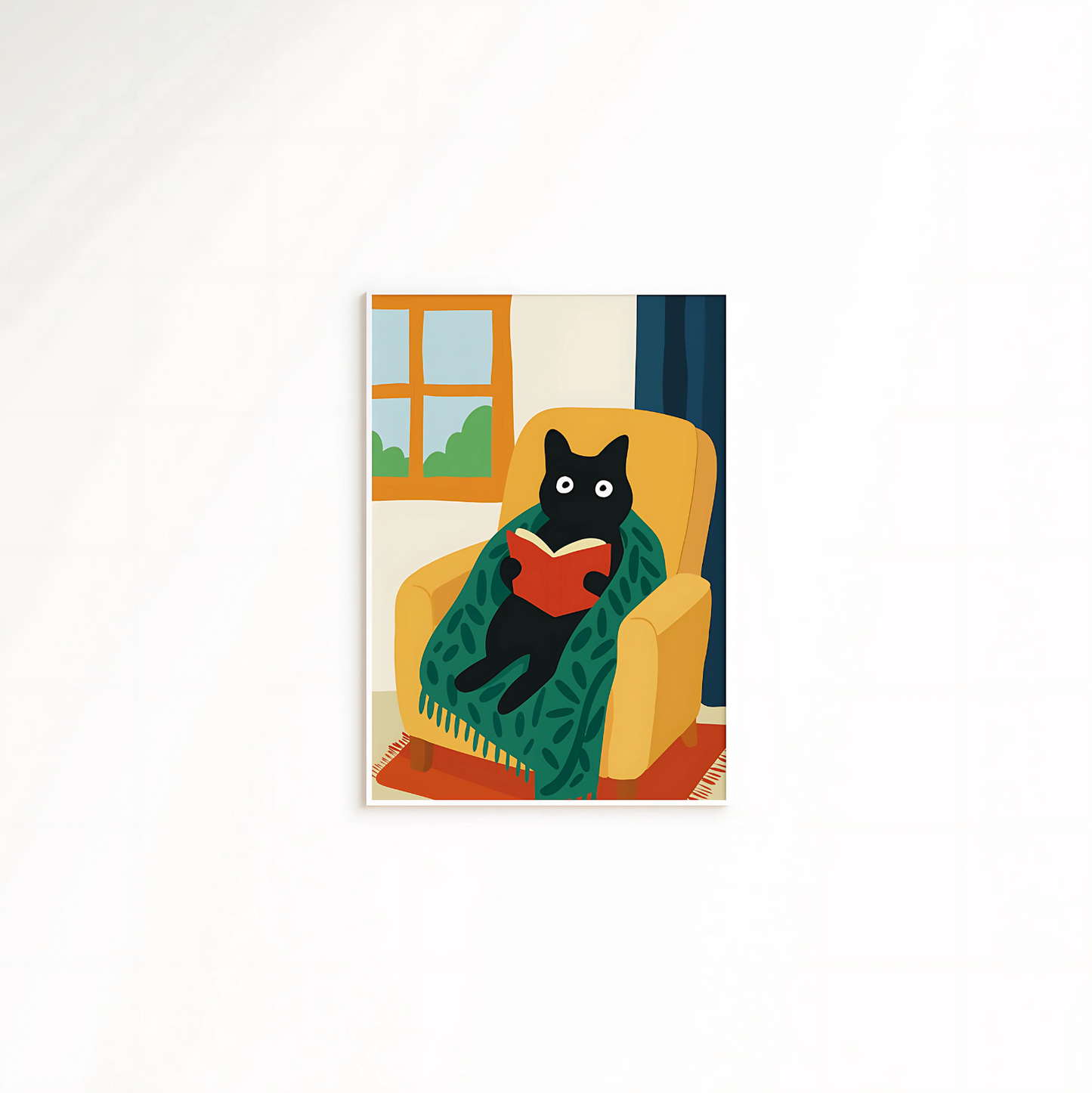 Cuadro Decorativo Gato Negro Tapado Leyendo Sillón Amarillo