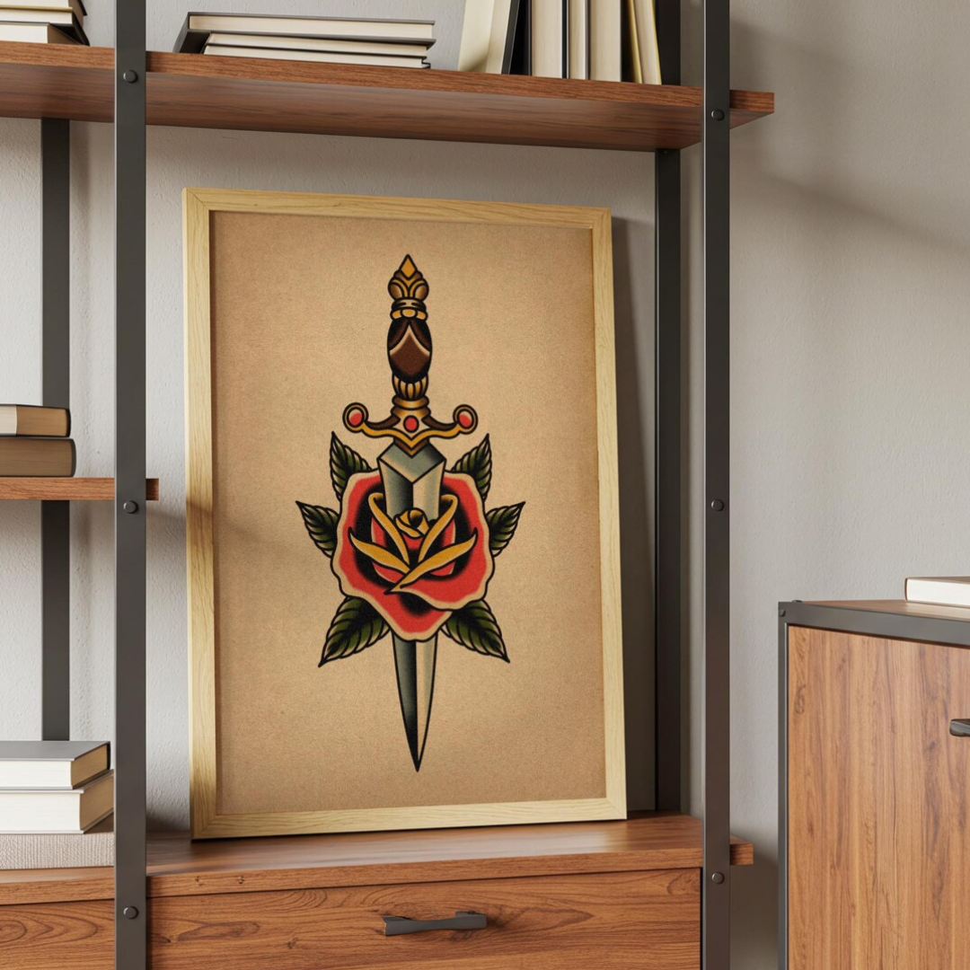 Cuadro Decorativo Tatuaje tradicional de daga y rosa
