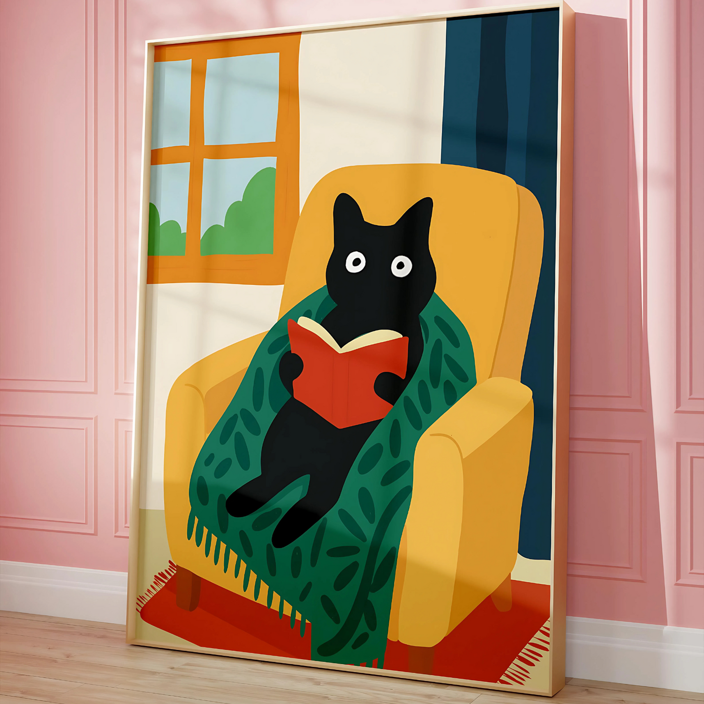 Cuadro Decorativo Gato Negro Tapado Leyendo Sillón Amarillo