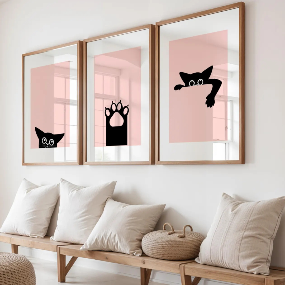 Set x3 Cuadros Decorativos  gato negro asomado