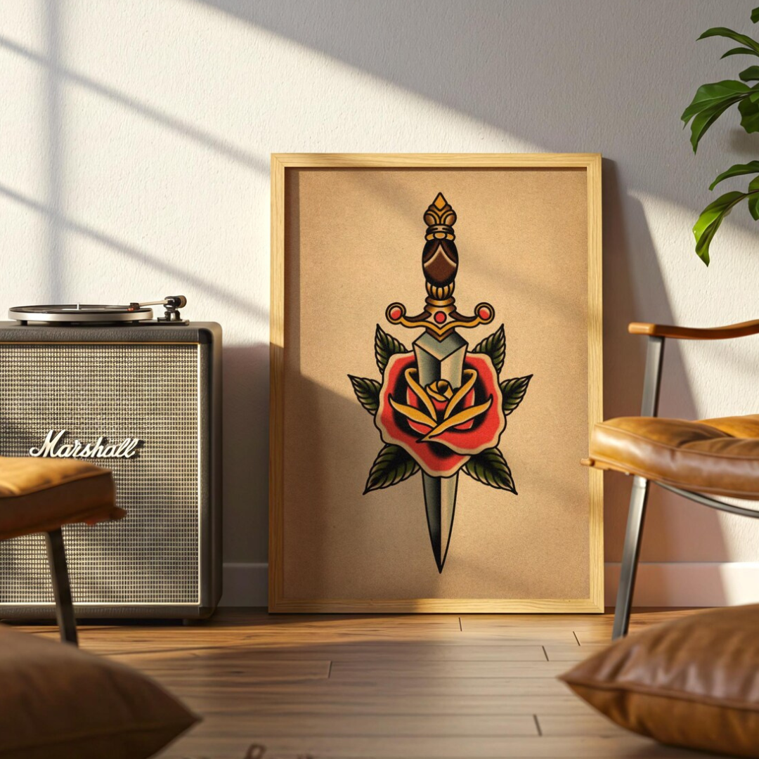 Cuadro Decorativo Tatuaje tradicional de daga y rosa