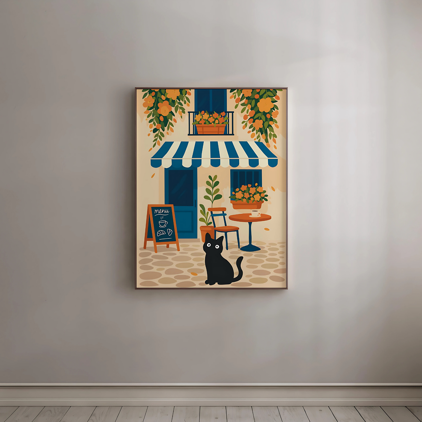 Cuadro Decorativo Gato Negro Sentado Delante De Cafetería Azul