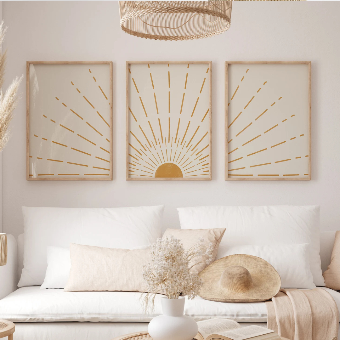 Set x3 Cuadros Boho Yellow Sun