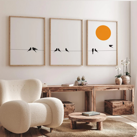 Set x3 Cuadros pájaros sobre alambre