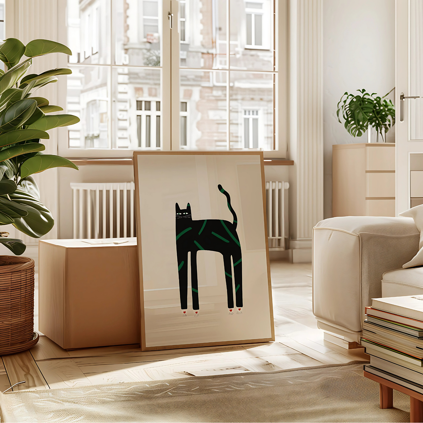 Cuadro Decorativo Gato Negro Patas Largas Con Rayas Verdes