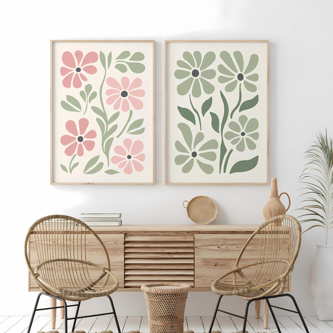 Set x2 Cuadros Decorativos Abstracto Flores Rosas Y Verdes