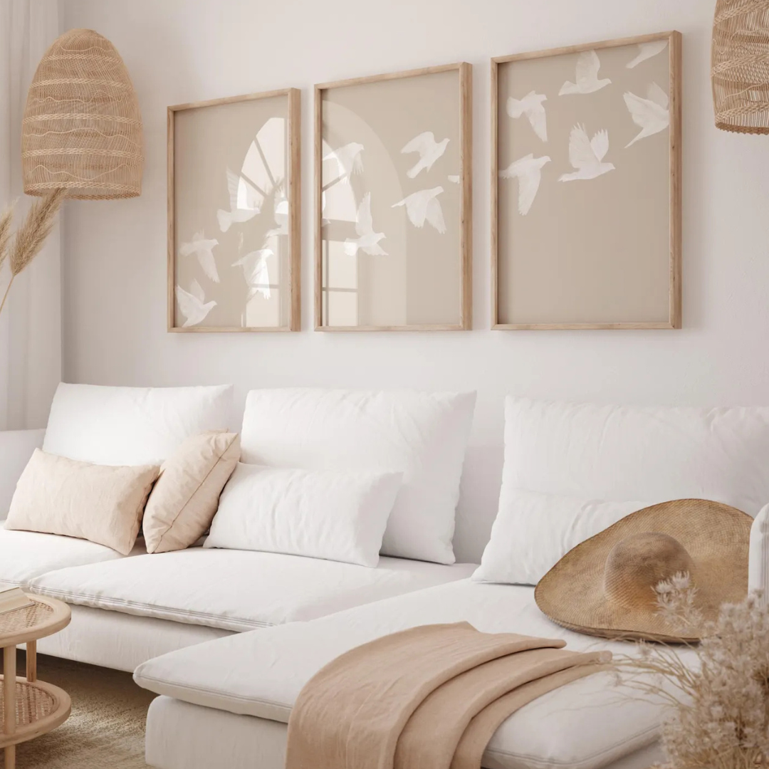 Set x3 Cuadros beige neutros, pájaros en vuelo