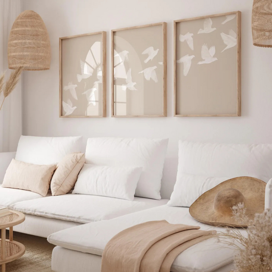 Set x3 Cuadros beige neutros, pájaros en vuelo