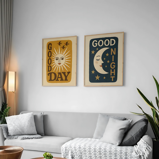 Set x 2 Cuadros abstractos Sol Y Luna Good Day Good Night