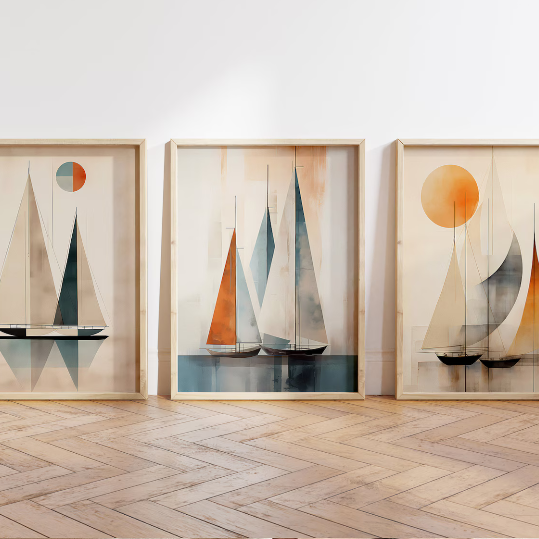 Set x3 Cuadros Scandi, arte de mediados de siglo, arte de pared de vela