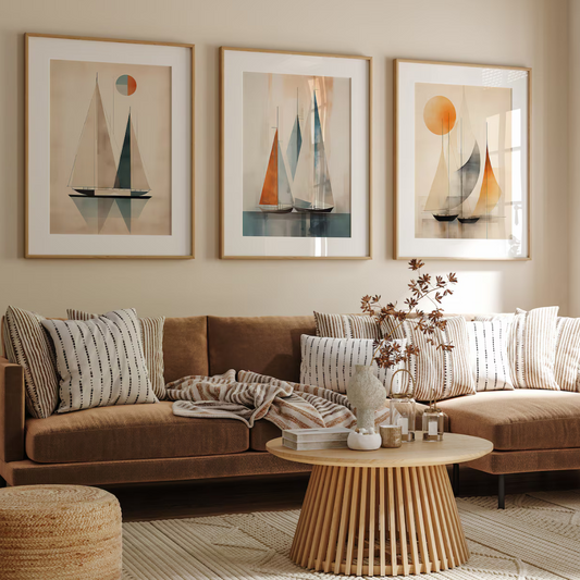 Set x3 Cuadros Scandi, arte de mediados de siglo, arte de pared de vela