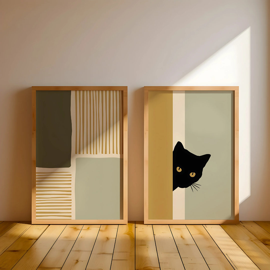 Set x 2  Cuadros Decorativos Abstracto Conjunto De Marrones Y Gato Negro