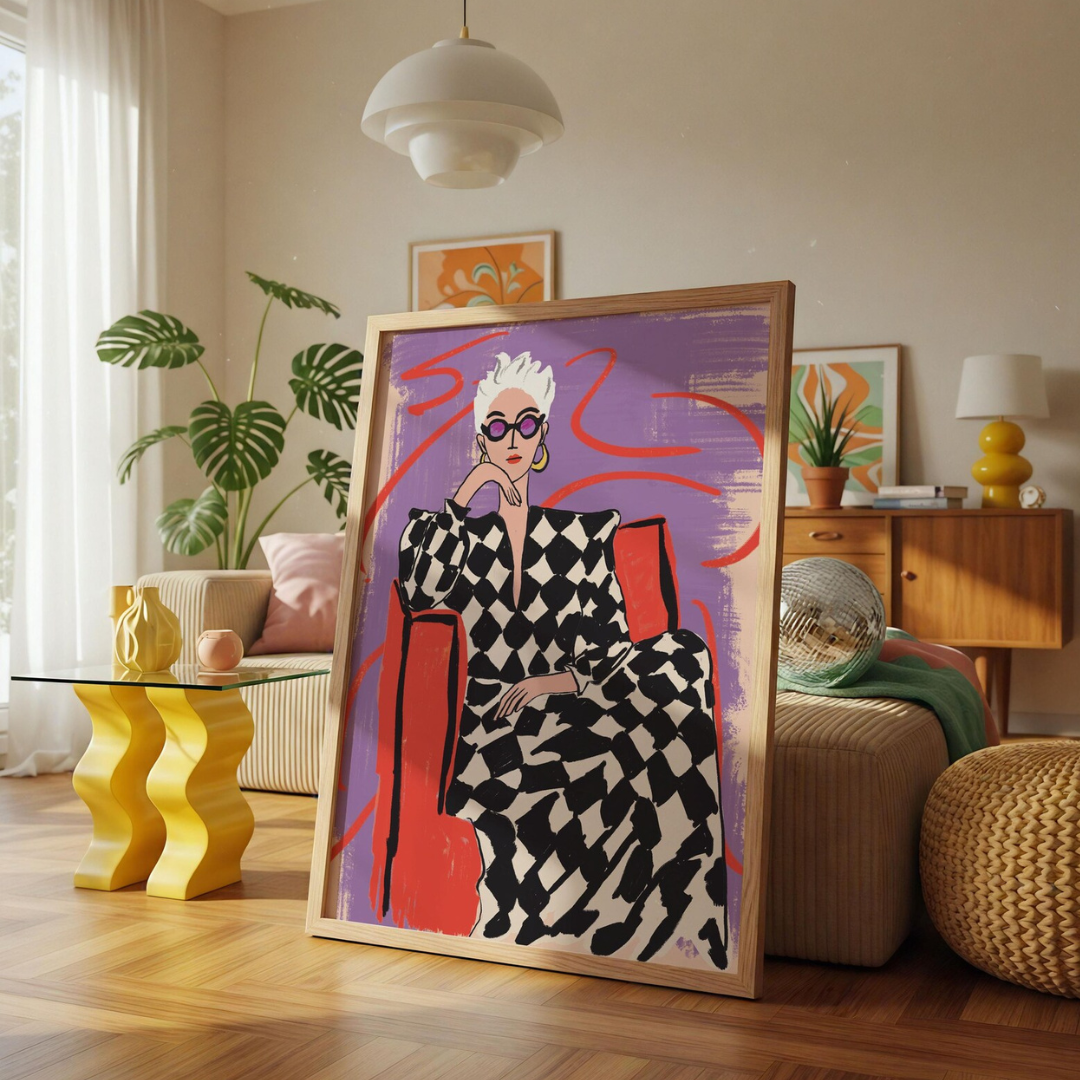 Cuadro mujer glamurosa con vestido a cuadros, ilustración de moda audaz