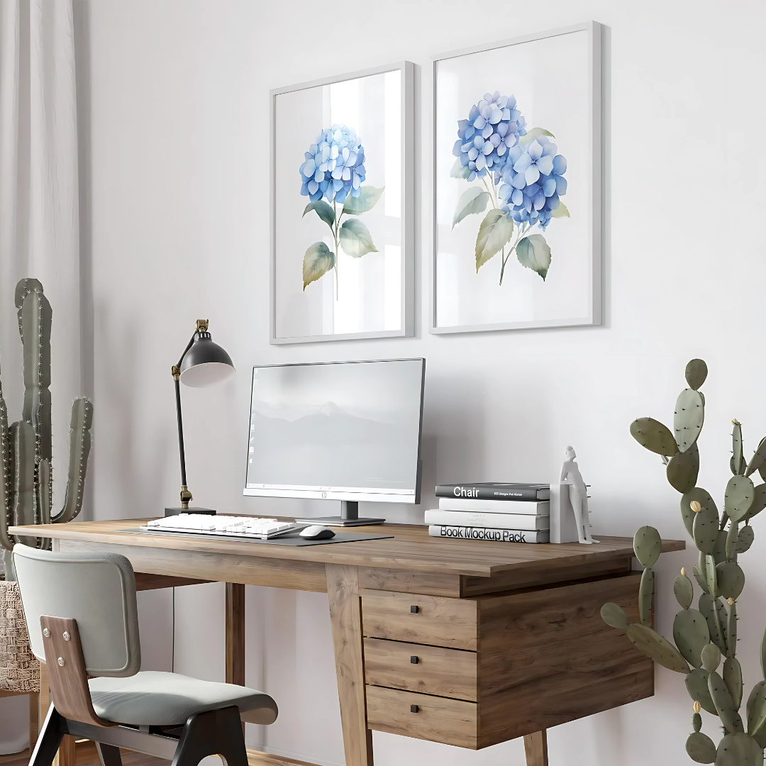 Set x2 Cuadros Decorativos Botánicos Flores Realistas En Azul Con Hojas Verdes
