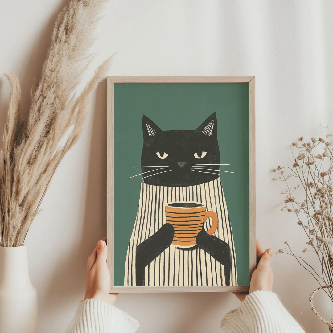 Cuadro gato negro relajándose con café