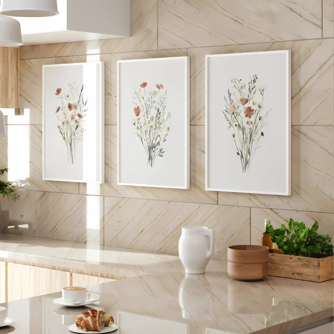 Set x3 Cuadros Decorativos flores silvestres de acuarela de verano