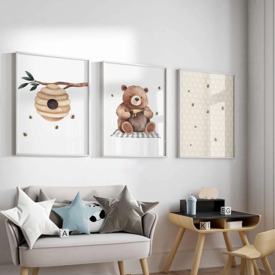 Set x3 Cuadros Decorativo Miel Oso Bosque