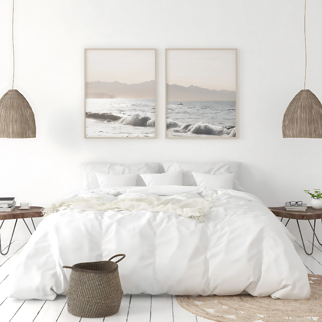 Set x2 Cuadros Decoración Playa Y Olas Rompiendo Botánico Flores Grises