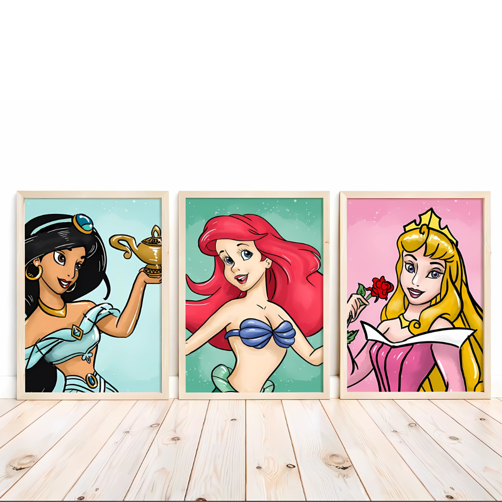 Set x3 Cuadros Ariel, Aurora, Jazmín Princesas Disney
