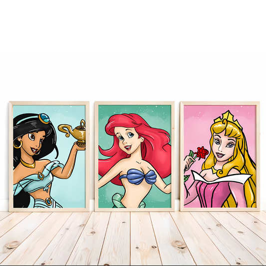 Set x3 Cuadros Ariel, Aurora, Jazmín Princesas Disney