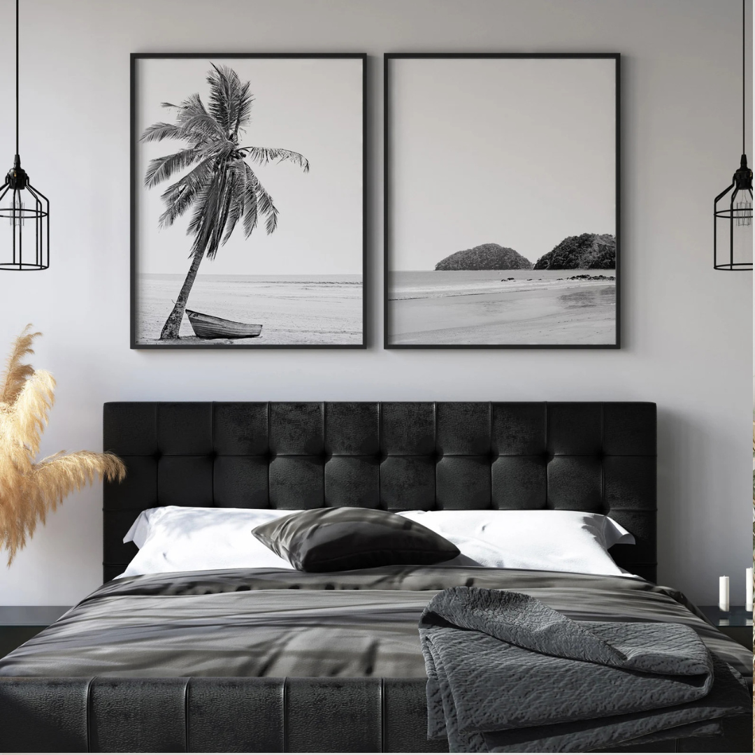 Set x2 Cuadros  blanco y negro, arte de pared de playa