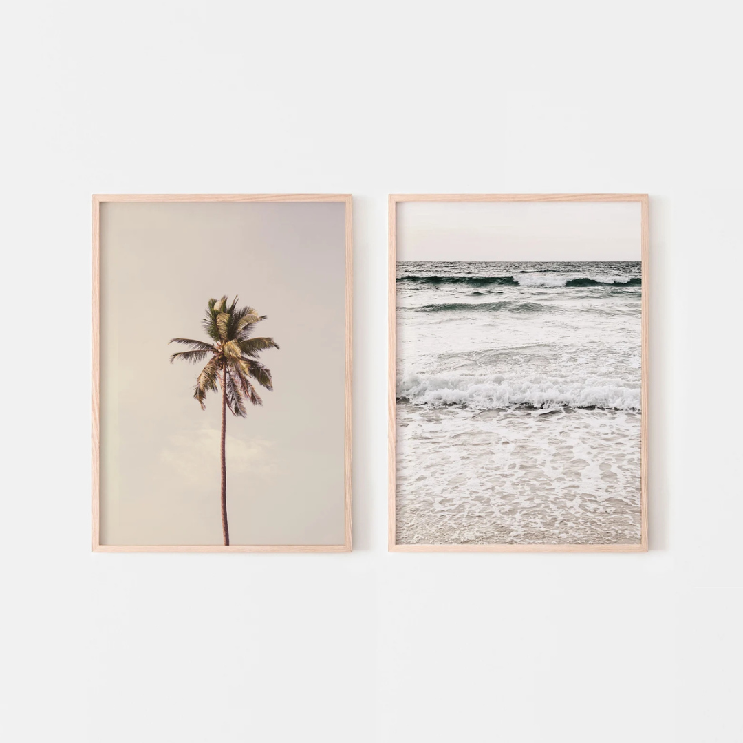 Set x2 Cuadros costa tropical pastel, fotografía oceánica boho neutral