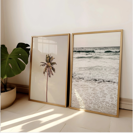 Set x2 Cuadros costa tropical pastel, fotografía oceánica boho neutral