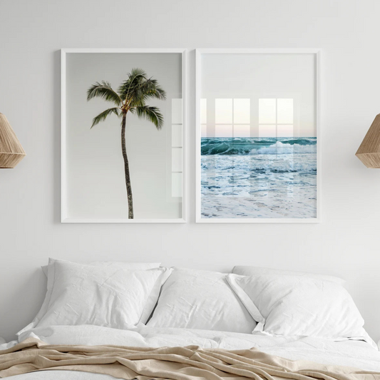 Set x2 Cuadros costeras tropicales, carteles de playa azul boho