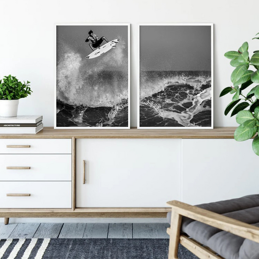 Set x2 Cuadros costeras surf en blanco y negro