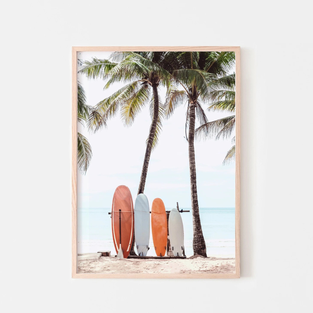 Cuadro fotografía de playa de surf, cartel de tabla de surf de palmera