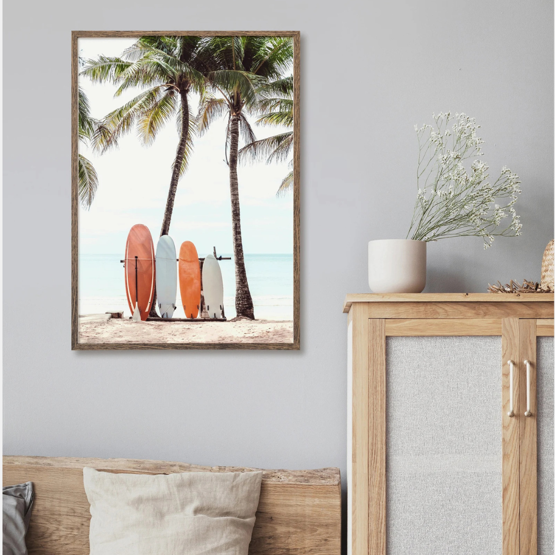 Cuadro fotografía de playa de surf, cartel de tabla de surf de palmera