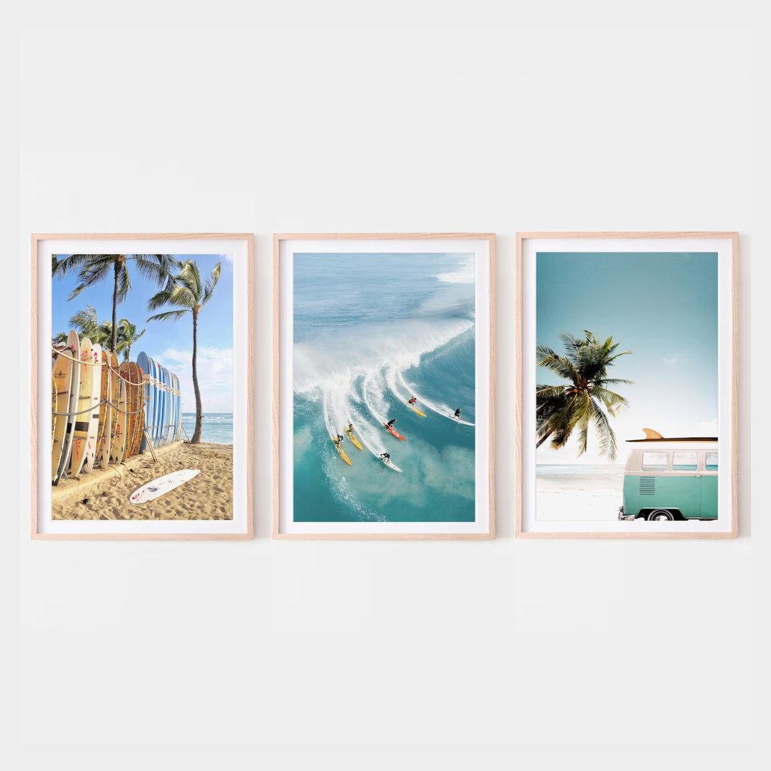 Set x3 Cuadros Decorativos Playa Arena Olas Palmeras y Hojas Verdes