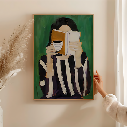 Cuadro Decorativo Ilustración Mujer Libro Y Café