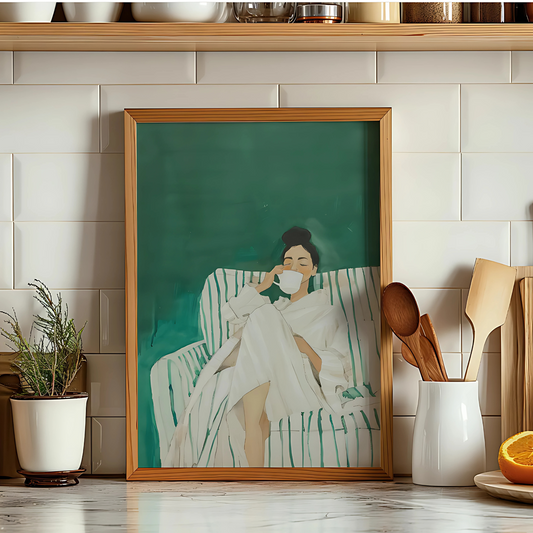 Cuadro Decorativo Ilustración Mujer Recostada Tomando Café