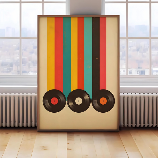 Cuadro Decorativo Musical Tres Vinilos Fondo A Rayas Color