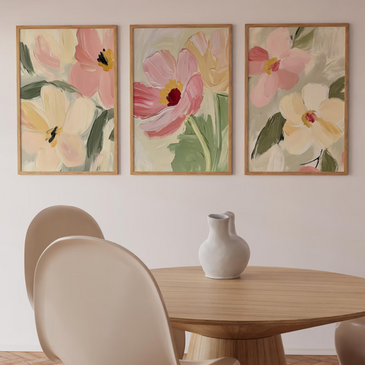 Set x3 Cuadros pintura de flores silvestres en tonos pastel